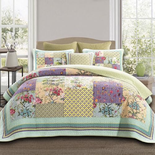 YAYIDAY Queen Size Patchwork Bedspread Set - 90 x 98 inch Cotton Quilt for All Seasons