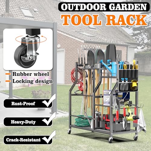 OrganizeLink 36" Large Freestanding Garden Tool Organizer with Wheels, Side Pocket