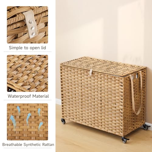 Laundry Hamper with Wheels 52.8 Gallon Natural Rattan Style with Lid & Removable Liners - 31.5 x 15.75 x 25.6 Inches