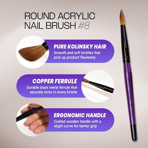 Nail Art Brush - Kolinsky Hair Acrylic Nail Brush Size 8 - Purple Wood Handle
