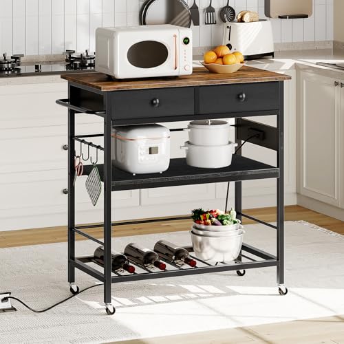 HOOBRO Rustic Brown & Black Kitchen Island with Storage, Rolling Cart, 2 Drawers, Outlet & Wine Rack