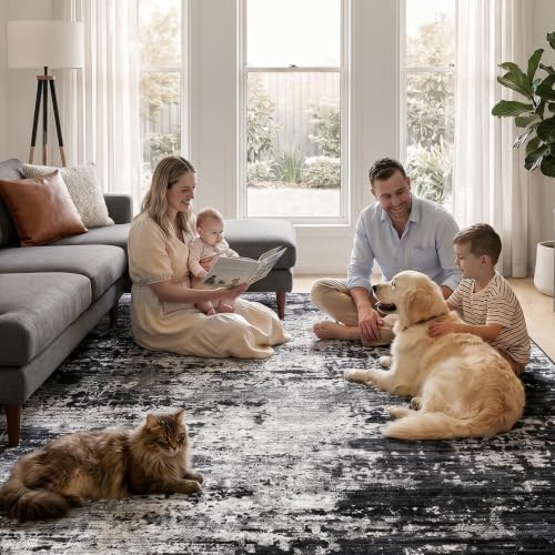 Black 8x10 Washable Area Rug - Ultra Soft Non-Slip Living Room Carpet
