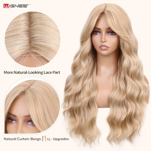 Lightweight Blonde Lace Part Wavy Wig with Curtain Bangs - 26 Inch, Natural Look