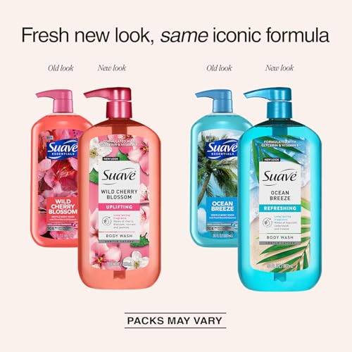 Suave Body Wash 3-Pack - Ocean Breeze & Wild Cherry Blossom, Moisturizing Shower Gel