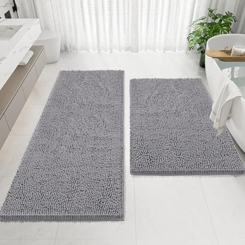60 x 36 Inch Grey Chenille Bath Rug - Soft, Absorbent, Quick Drying Bathroom Mat with Rubber Backing