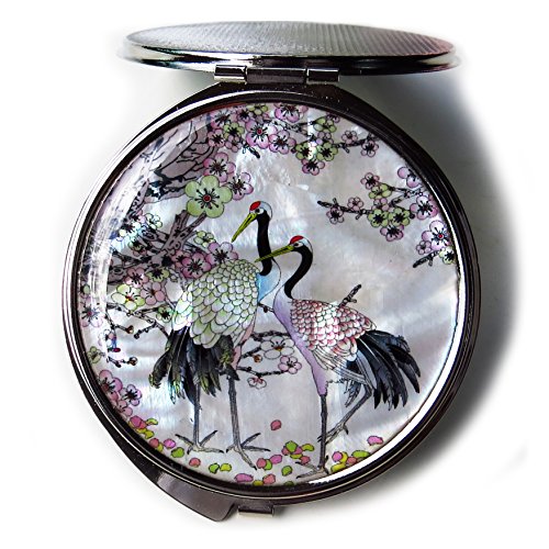 MADDesign Mother of Pearl Compact Mirror with Cranes & Apricot Tree Design - Travel Makeup Mirror, 2.5x Magnification