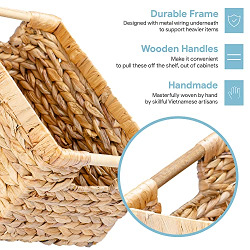 Water Hyacinth Storage Basket Set with Handles - 3 Medium Rectangular Baskets (12.2"L x 8.9"W x 6.9"H) - Natural Wicker Organizers