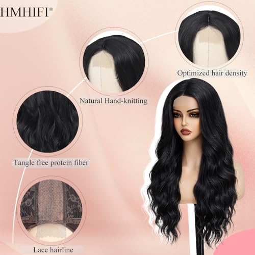Black Wavy Wig for Women 26 Inch Middle Part Curly Synthetic Hair - Natural Black