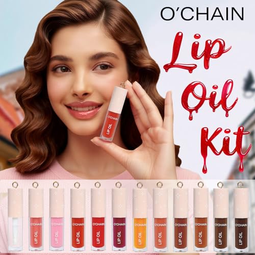 O'CHAIN 12 Colors Lip Oil Set with Portable Keychain, High Shine & Moisturizing, Long Lasting Wear, Deep Hydrating Nourishing Lip Care and Repair Kit for Women and Girls