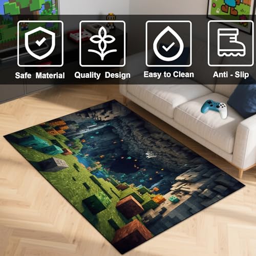 Pixel Game Rug for Kids and Teens - Green Grass Karst Cave, 86 x 63 Inches - Non-Slip, Washable Playroom Carpet