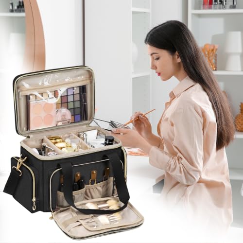 Large Travel Makeup Bag Organizer - Black, Medium Capacity, Brush Compartments