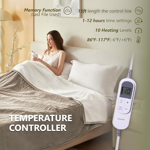 Electric Blanket 72x84 Full Size Reversible Flannel & Sherpa Light Brown - 10 Heat Settings, 12 Timer, Auto-Shut Off