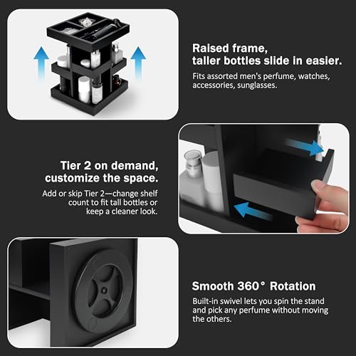 Cologne Organizer for Men, 3-Tier Wood Perfume Stand with Rotating Drawer, Large Capacity Storage for Desk Nightstand (Black)