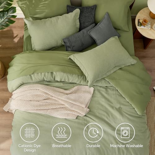 Queen Sage Green Comforter Set 7 Pieces - Linen Texture Bed in a Bag