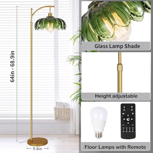 Dimmable Green Glass Floor Lamp with Remote - Mid Century Modern Brass Tall Arc Lamp, 02-Floor Lamp