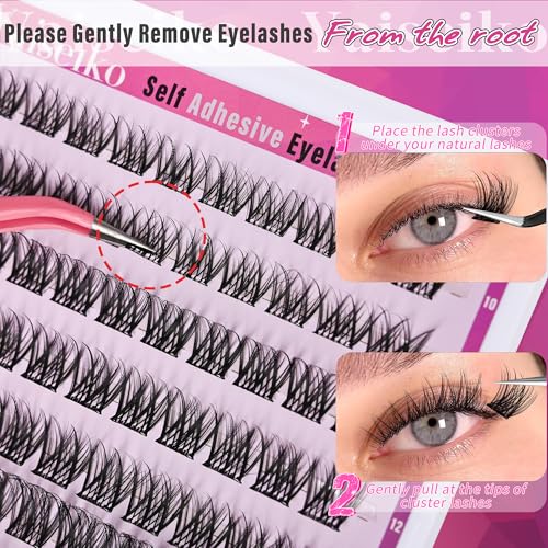 Self Adhesive Eyelashes Clusters Wispy Eyelash Extension Self Adhesive Eyelashes Reusable Press on Lashes No Glue Needed lash Clusters 10-16mm D Curl Individual Lashes Extensions with Tweezers