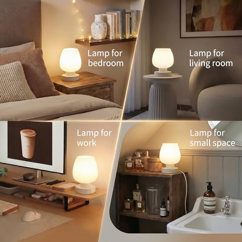 ONEWISH Set of 2 Modern Touch Bedside Table Lamps, White Opal Glass Shade, 3-Way Dimmable Nightstand Lamps, Non-USB
