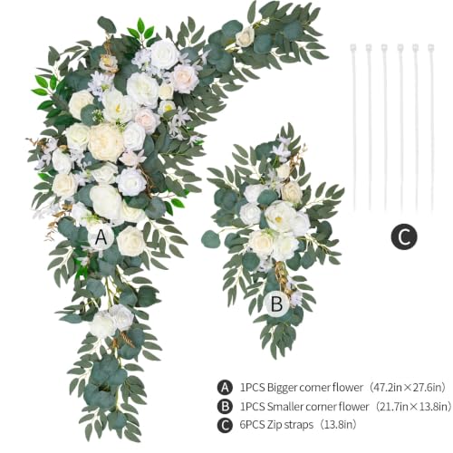 Wedding Arch Flowers Pack of 2 with Gauze Curtain for Ceremony & Reception - White Variation