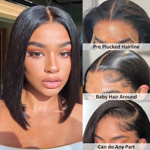 12 Inch Natural Black Human Hair Bob Wig with 13x4 HD Lace Frontal - Glueless, Pre-Plucked, 150% Density