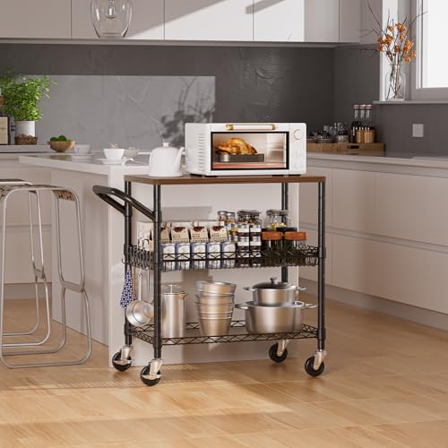 NTE 3-Tier Rolling Kitchen Cart with Wooden Top & Hooks - Black, 650Lbs Capacity