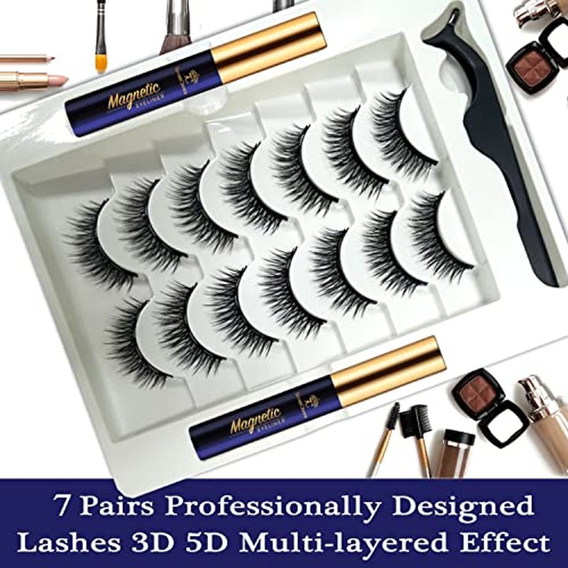 Magnetic Eyelashes with Eyeliner Kit - 7 Pairs 3D Short Magnetic Lashes with 2 Tubes of Liner Waterproof, Natural Look,Long Lasting, Easy Reusable Fake Eyelashes