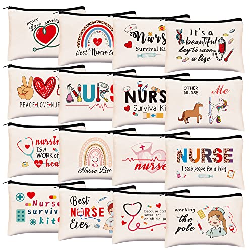 Kolewo4ever 16 Pieces Nurse Survival Kit Nurse Practitioner Gifts Nurse Appreciation Gifts CNA Week Gifts Nursing Makeup Bags Cosmetic Funny Travel Pouch Bag for Women Nurses