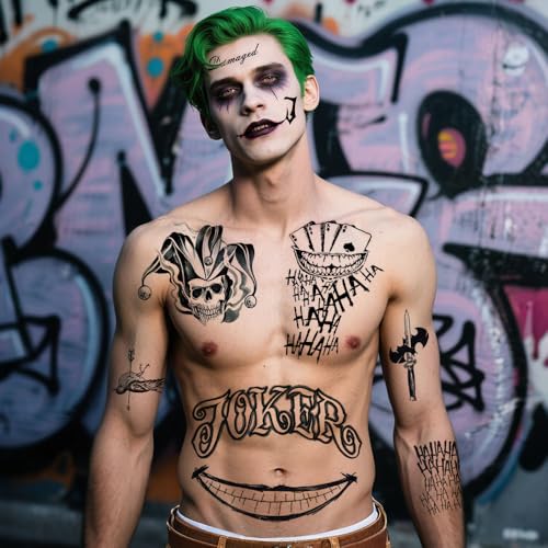 8 Sheets Joker Tattoos, Large-Size Waterproof Halloween Temp Tattoo for Men Women Adults, Suicide Squad Fake Stickers for Clown Costume Masquerade Cosplay Face Makeup Party Accessories