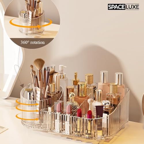 Makeup Organizer with Drawers and 360¡Æ Rotating Brush Holder, Large Capacity Cosmetic Storage for Vanity, Skincare, Perfume, Hair Accessories, Lipstick & Jewelry (Cream White, 2-layer)