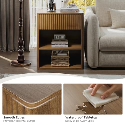 Nightstand Bedside Table with Drawer & Open Shelf - Walnut Brown, Large Mid Century Modern Night Stand with Fluted Wood Storage, Set of 1