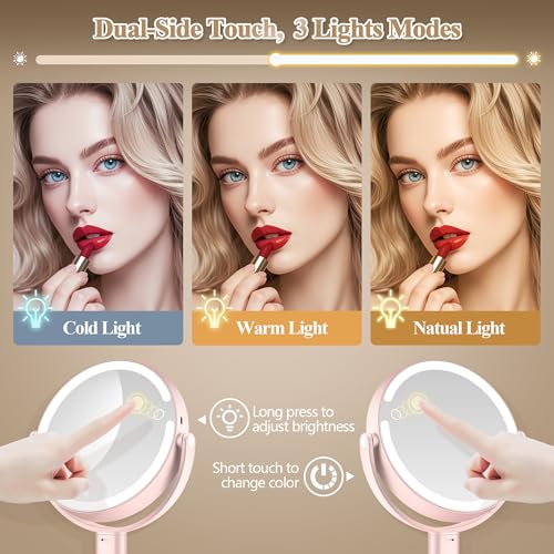 Makeup Mirror with Lights, Double Sided 1x/30x Magnifying Mirror with Light, Rechargeable 3 Color Lights and Adjustable Brightness, 360¡Æ Rotation Detachable Comes with Tweezer(Blush)