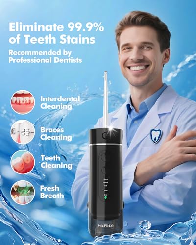 WAFLOO Portable Water Flosser for Braces Black - 5 Modes, Travel Cordless Oral Irrigator