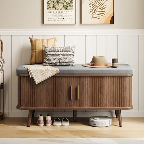 Decofy 39 Inch Shoe Storage Bench with Cushion & Sliding Doors - Walnut