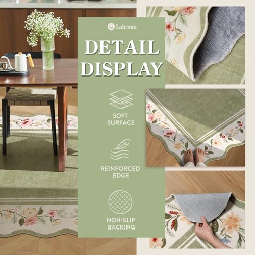 5x7 Green Floral Scalloped Rug - Vintage Boho Area Rug for Living Room