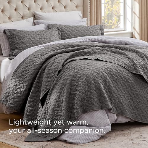 Bedsure Oversized King Quilt Set Grey - Lightweight Basket Weave Pattern Bedding