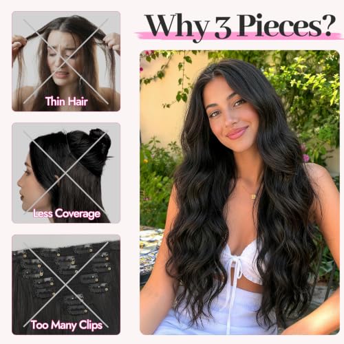 3PCS Invisible Wire & Clip-In Hair Extensions - Natural Black 22 Inch - Full Volume Set