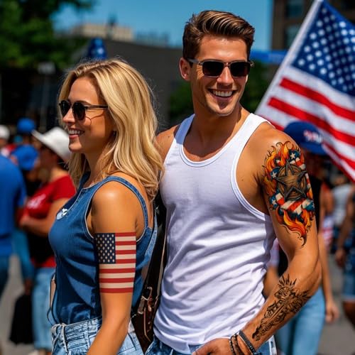 Aresvns 24 Sheets Temporary Tattoo for Adults,USA Eagle and Flag Device, 3D Military Lion Wolf Skull Totem Fake Tattoo, Fourth of July Memorial Day Labor Day Decorations Patriotic Tattoos