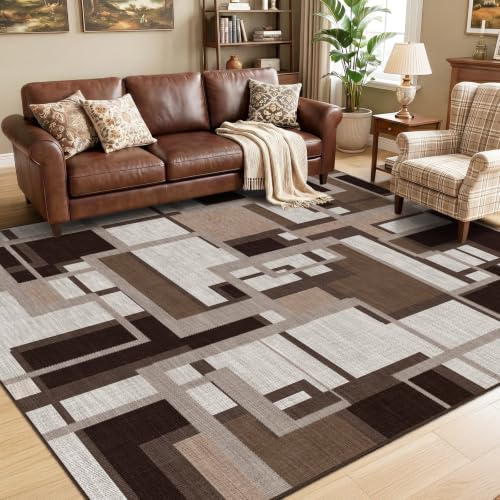 Mocha Brown Geometric Area Rug 6x9 - Washable, Non-Slip Living Room Carpet