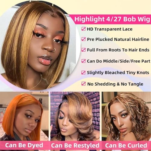 Highlight 4/27 Lace Front Bob Wig Human Hair 16 Inch Ombre Honey Blonde
