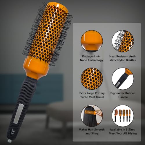 Orange 5pcs Hair Styling Brush Set - Blow Dry & Detangle Round & Boar Bristle