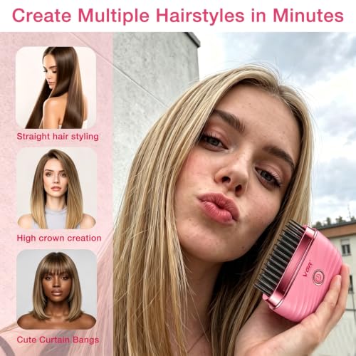 Mini Hair Straightener Comb with 2 Heat Settings - Pink, Portable & Wireless