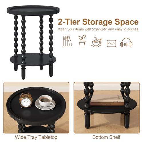 2-Tier Round Side Table with Storage Shelf Black Spindle Legs