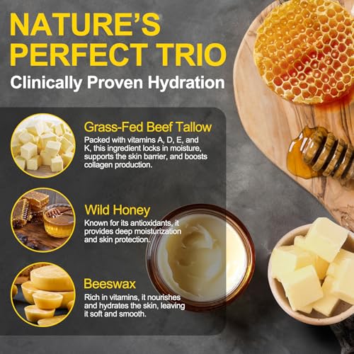 Beef Tallow for Skin, Whipped Tallow Honey Balm for Face -Grass Fed Beef Tallow & Raw Wild Honey - Organic Moisturizer for Soft, Smooth Skin- Light Scent, Moisturizing Natural Formula, 4.2 Oz