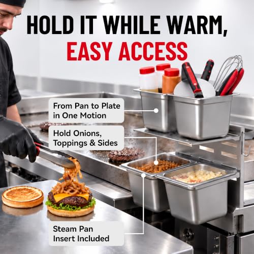 Chef Master Griddle Shelf & Steam Pan Insert Combo - Outdoor Grill Organizer with Adjustable Shelf & Steel Pan