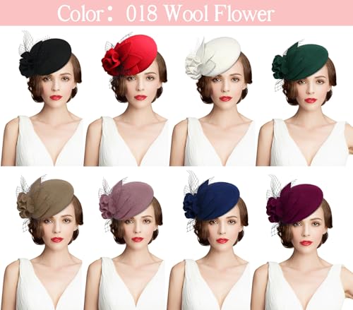 Vintage 1920s Wool Felt Flower Fascinator Pillbox Hat with Variation 018 Wine Red for Women