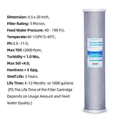 Geekpure 20 Inch Carbon Block Whole House Water Filter - 5 Micron, 4 Pack