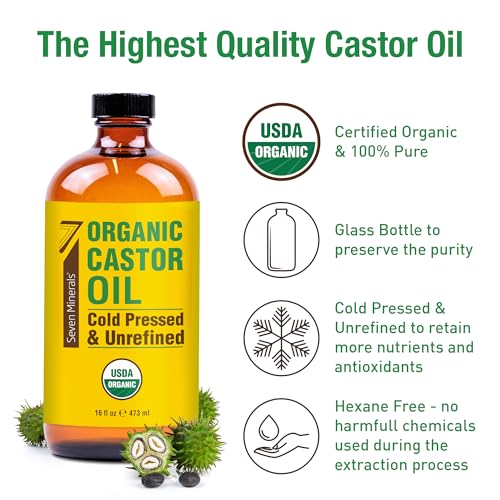 Seven Minerals Organic Castor Oil 16oz Glass Bottle Pack of 2 - Cold Pressed & Hexane Free