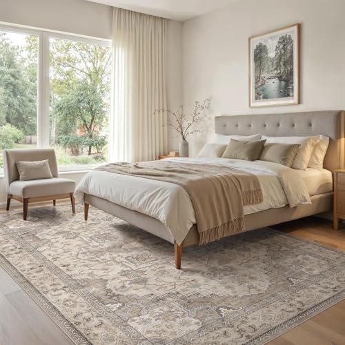 9x12 Washable Vintage Area Rug for Living Room Brown Multi - Distressed Floral