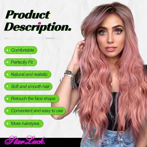Long Pink Ombre Wavy Wig 26 Inch Synthetic Curly Hair for Women - Natural Look, Heat-Resistant Fiber