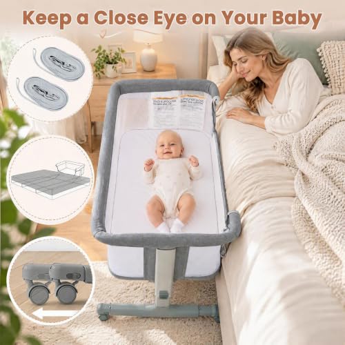 INFANS 3-in-1 Baby Bassinet Bedside Sleeper with Manual Rocking - Light Grey, 34 x 25 x 32 inches