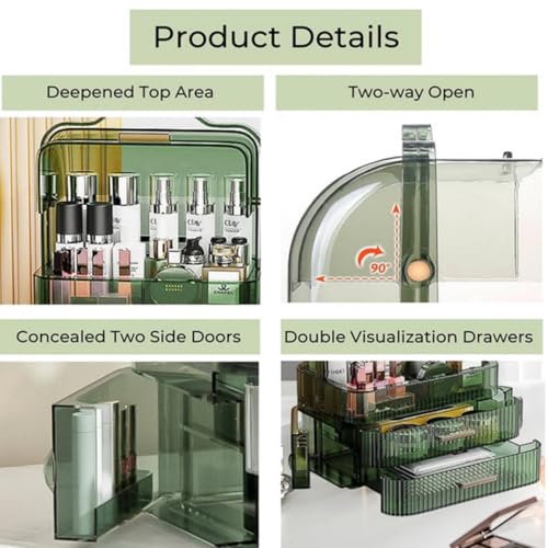 Green Portable Makeup Organizer Box with Drawers & Transparent Lid